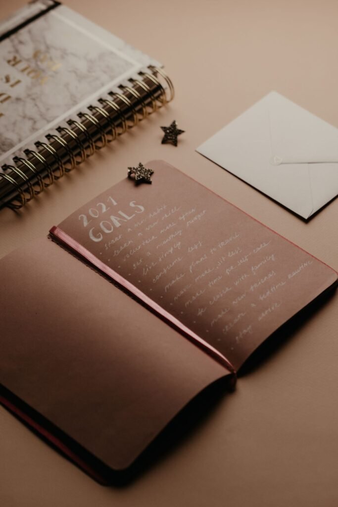 Notebook with a goals list for a goal-setting diary