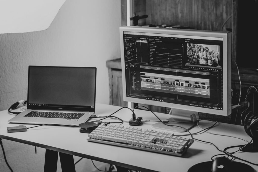 Laptop and monitor set up for video editing