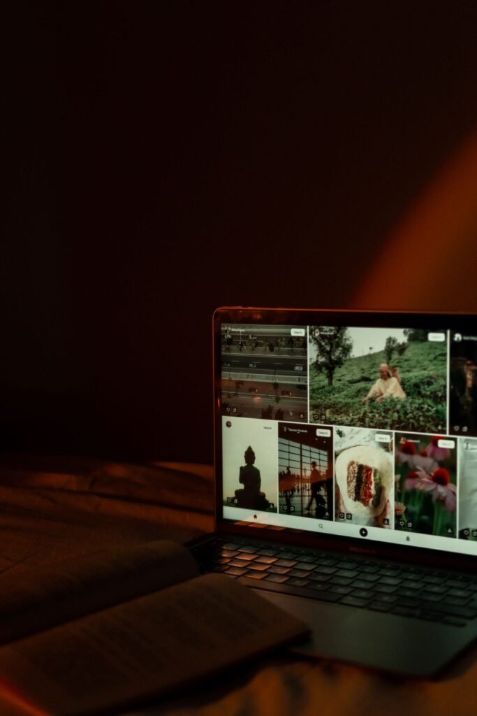Pictures and feed shown on a laptop screen