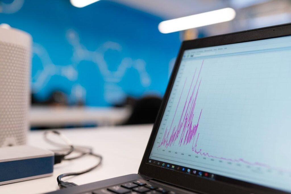 Laptop screen displaying a data analytics graph for compliance automation