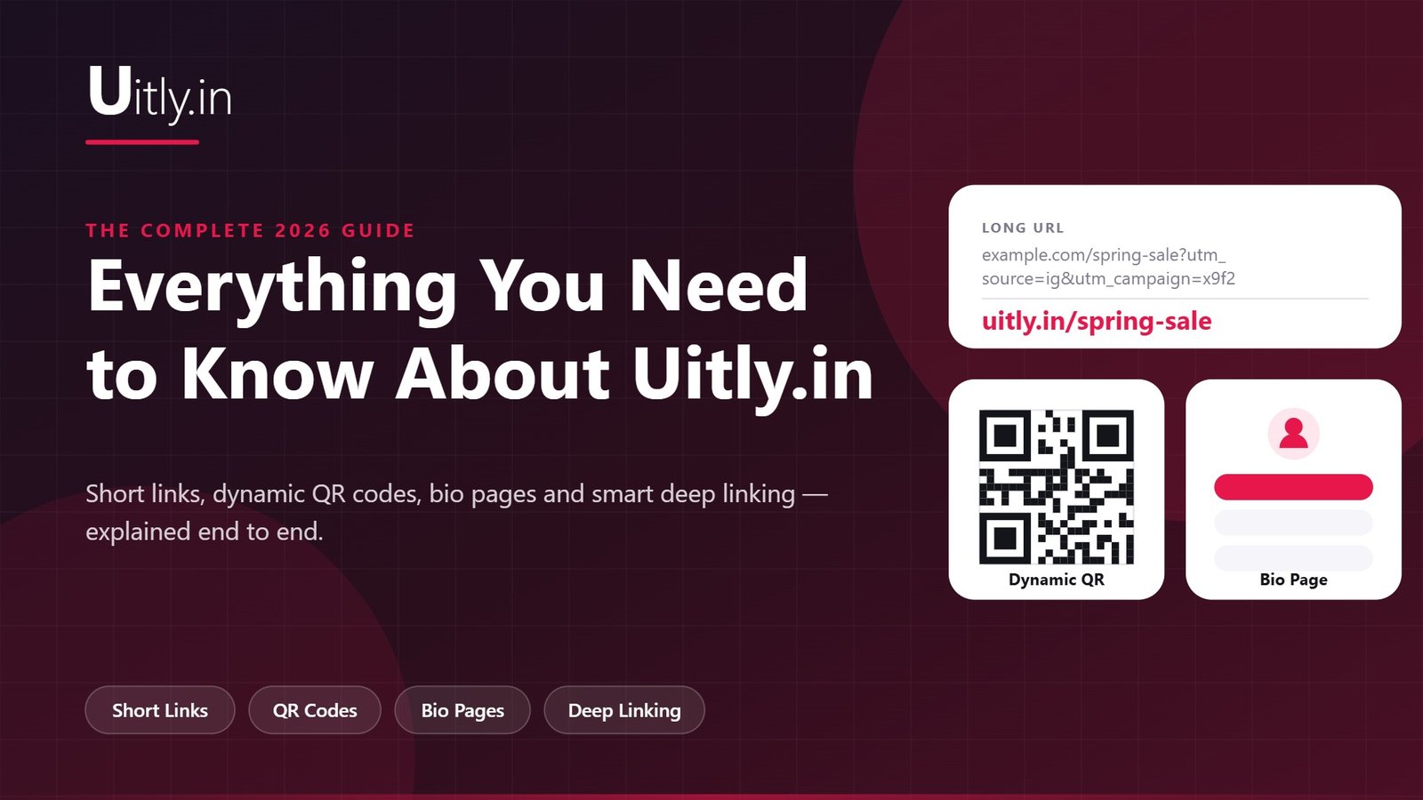 Uitly.in homepage hero showing the Create Short URLs, QR Code and Beautiful Bio Page headline and Get Started button